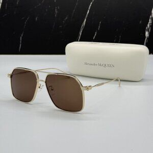 NEW ALEXANDER MCQUEEN GOLD BROWN PILOT UNISEX SUNGLASSES AM0372S 002